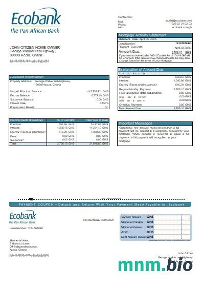 Ghana Bank Ecobank wyciąg z kredytu hipotecznego szablon Word i PDF